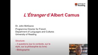 French L’Étranger d’Albert Camus  Dr John McKeane University of Reading [upl. by Robertson]