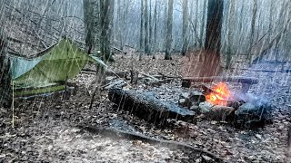 CAMPING IN THE RAIN  Alone in the Woods  SOLO Tarp Camping [upl. by Eseuqram]