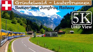 Grindelwald  Lauterbrunnen Train Journey Switzerland Summer  5K 4K UHD Video [upl. by Mullane733]