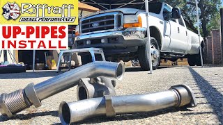 2001 F350 73  RiffRaff UpPipes Install  Stock up pipes leaking and falling apart JUNK SP [upl. by Jude662]