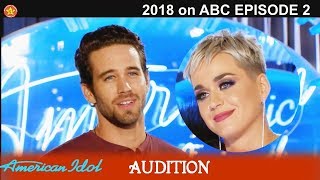 Trevor Holmes construction worker Katy Perry SWOONING BLUSHING Audition American Idol 2018 Episode 2 [upl. by Ordnasela904]